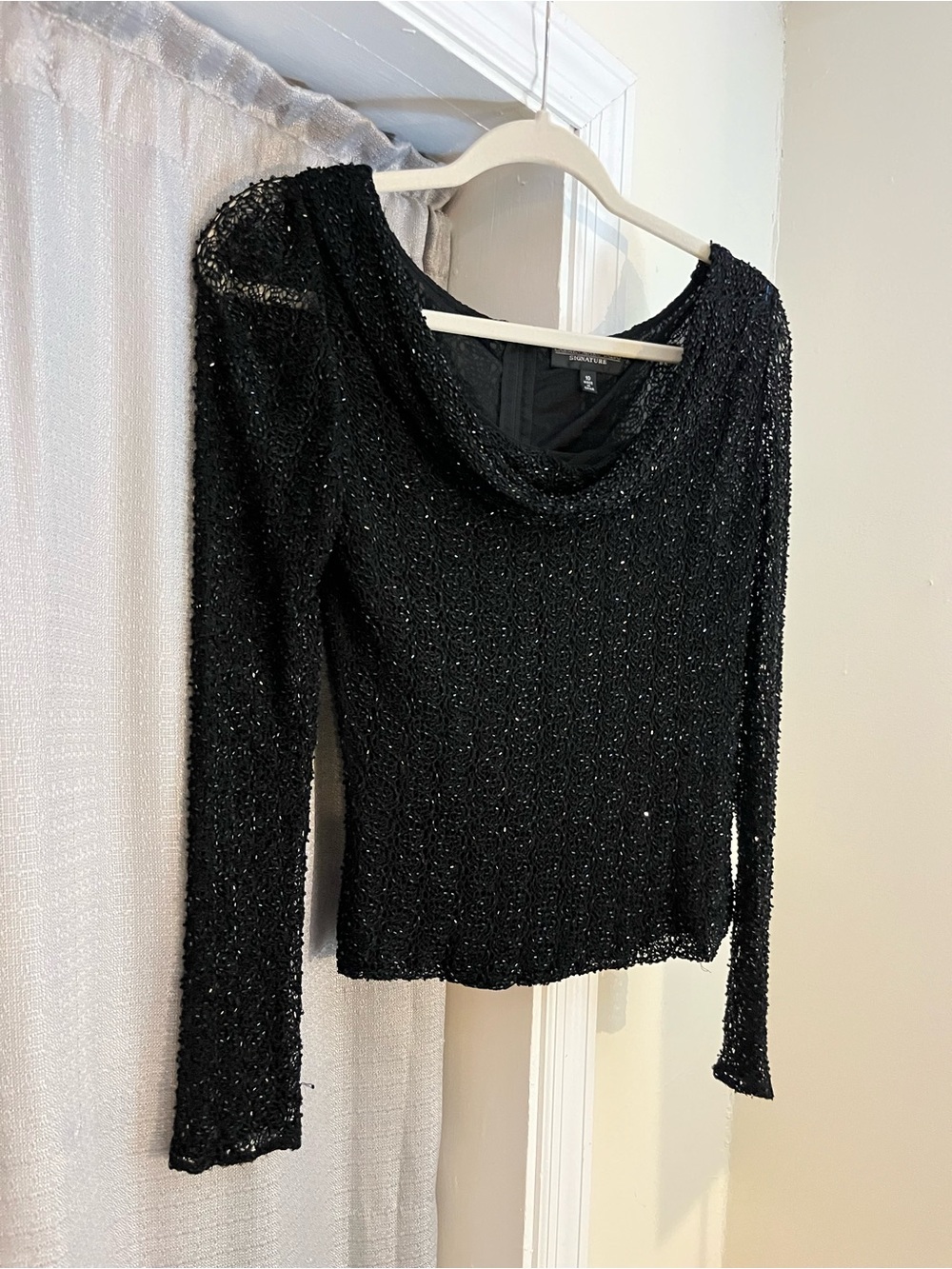 Carmen Marc Valvo Beaded Knit Cowl Neck Long-Sleeve Top - Black 10